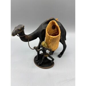 Vtg Cast Iron Camel & Man Figurine With Baskets